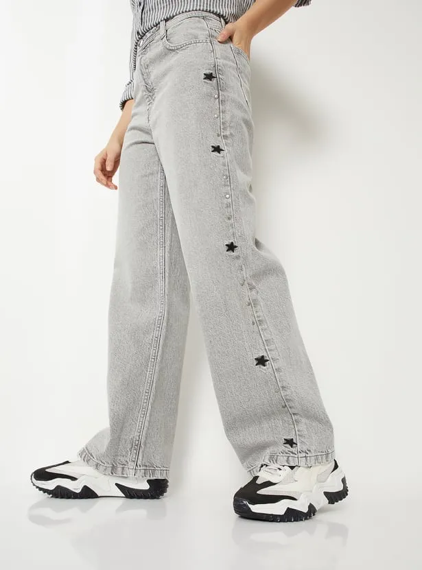 Women Embroidered Wide Leg Jeans